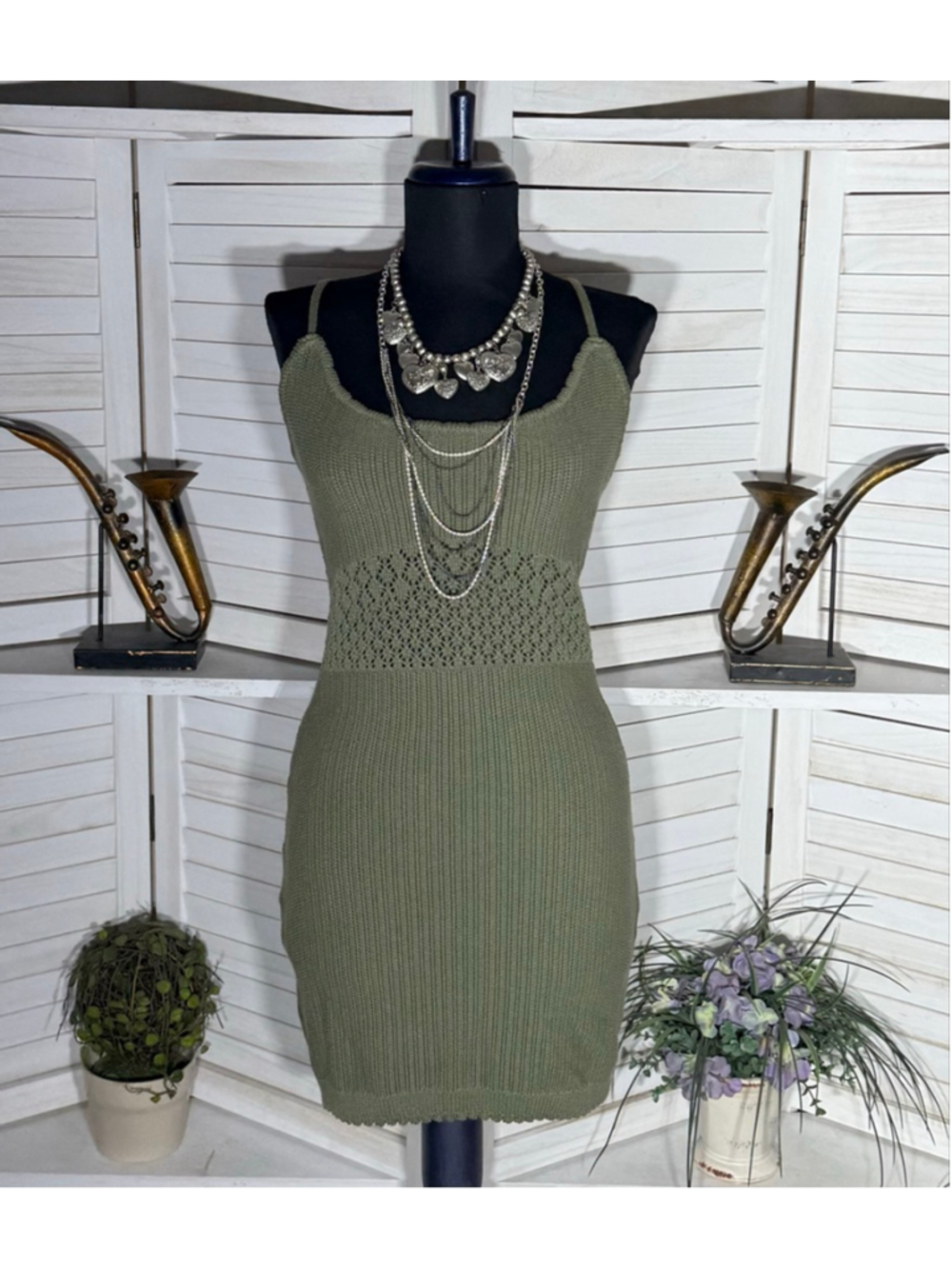 Y2K mini dress sage green crocheted cotton boho fairy backless festival grunge L